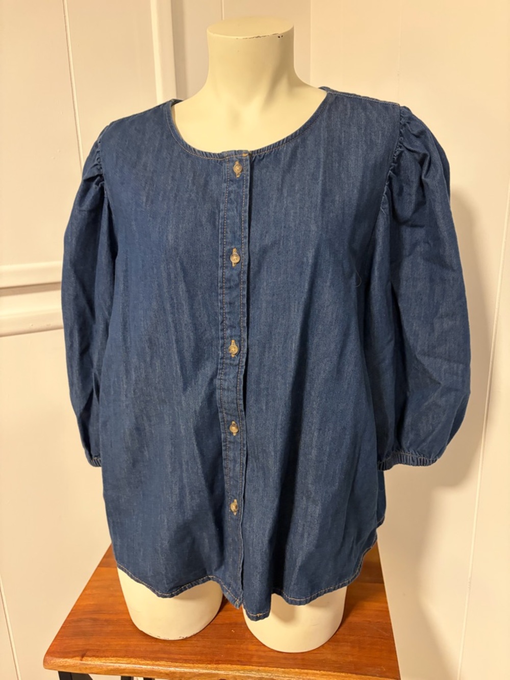 H&M Blue Denim Button-Front Puff Sleeve Shirt